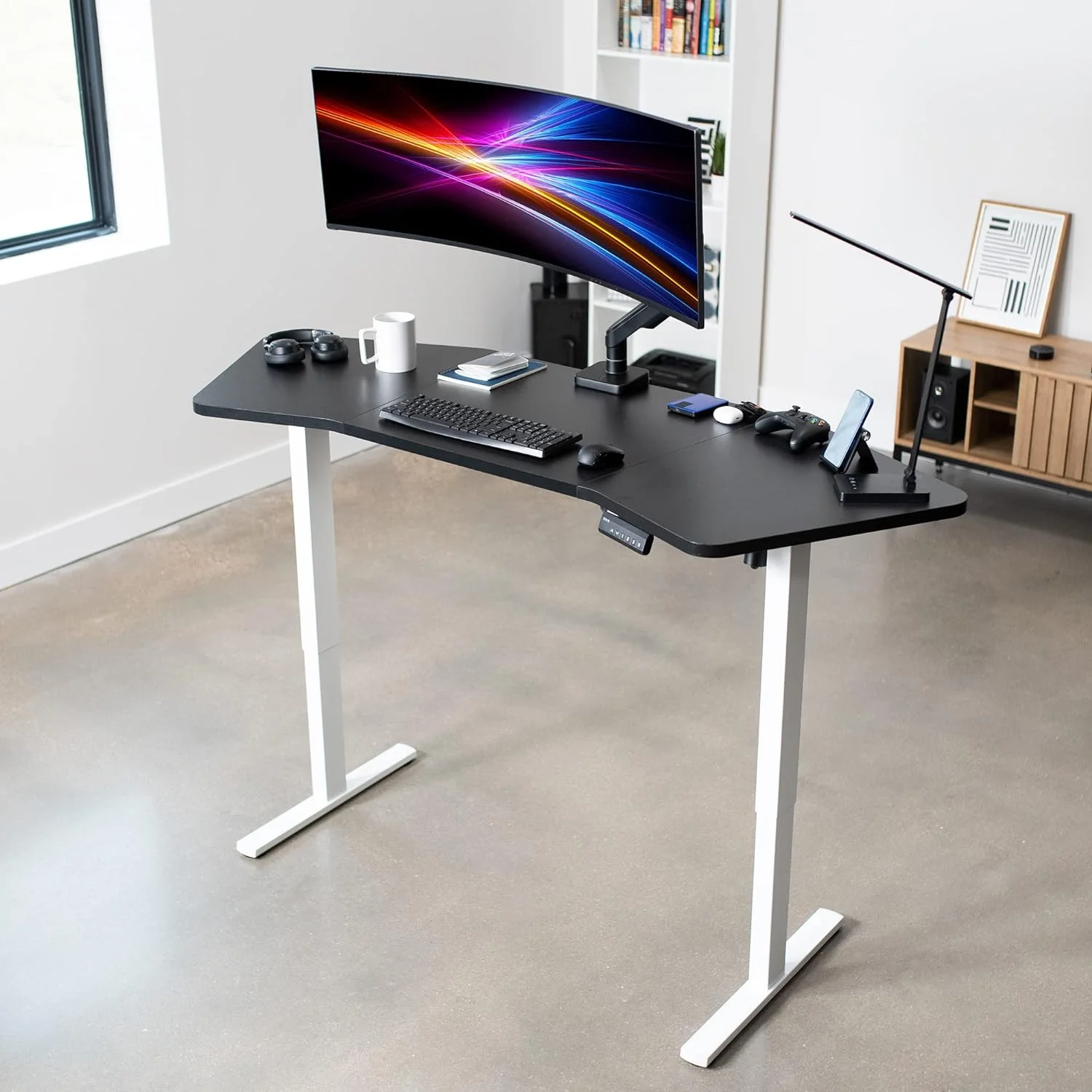 Electric Height Adjustable 71 X 24 Inch Wing-Shaped Stand Up Desk, Complete Active Corner Standing Workstation With Black Table Top, White Frame, Preset Controller, DESK-KIT-1W3B