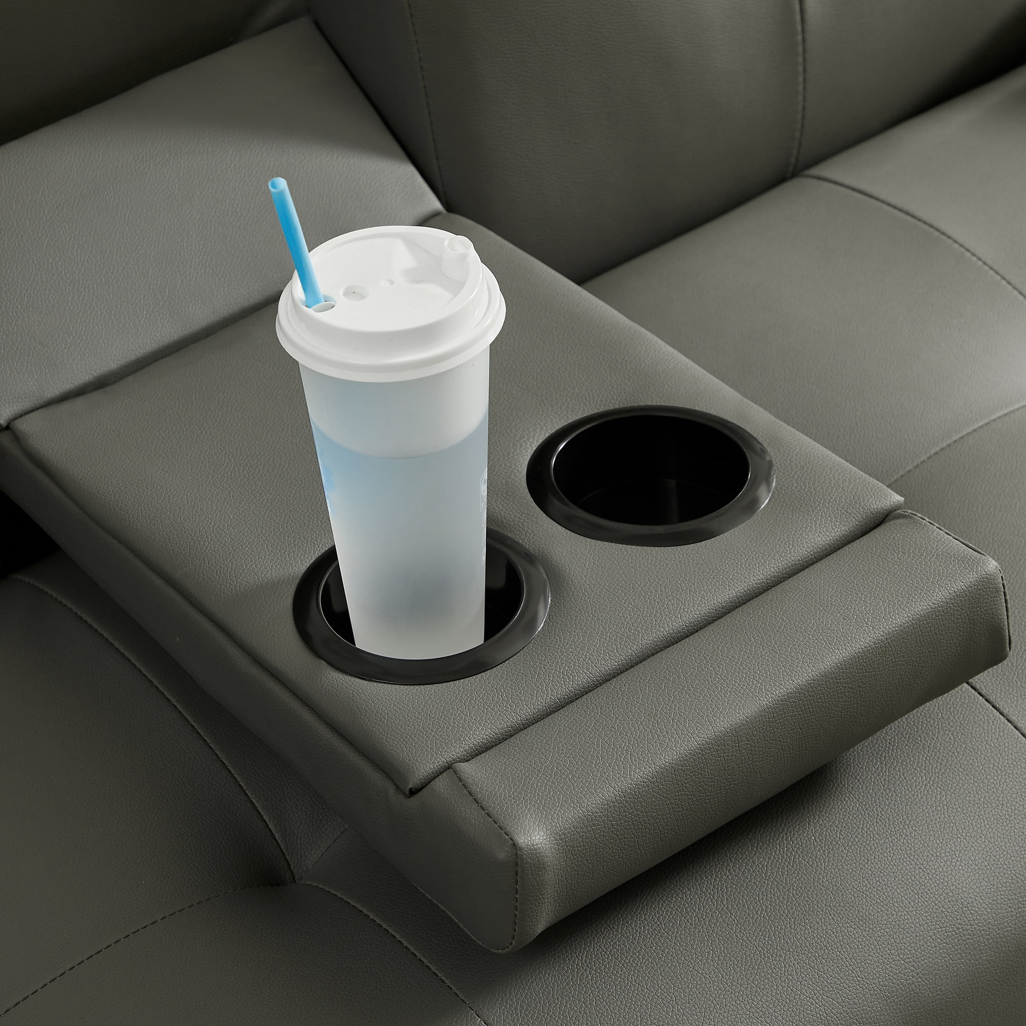 Gray Faux Leather Loveseat Sofa Bed with Cup Holders , Convertible Folding Sleeper Couch Bed