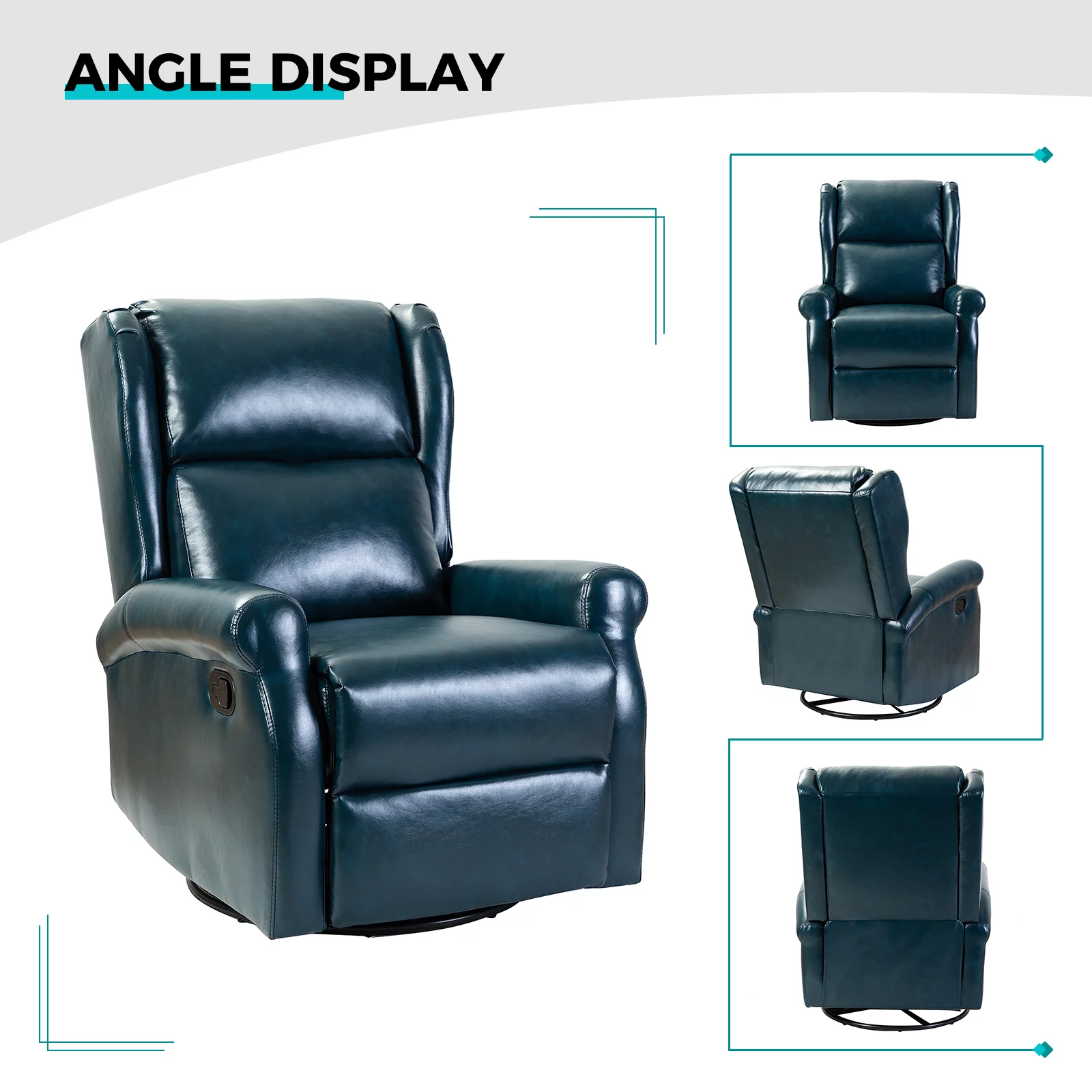 Faux Leather Recliner Manual Swivel Nursery Armchair Metal Base Wingback Home Living Room Turquoise
