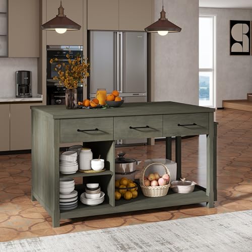 Merax Extendable Retro Kitchen Island with Drawers & Open Shelves & Built-in Power Outlets, Multi-Functional Kitchen Cart on Wheels with Storage, Natural+Espresso