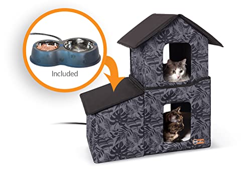 K&H Pet Products Two-Story Outdoor Kitty House with Dining Room Heated Gray Leaf 22 X 27 X 27 Inches