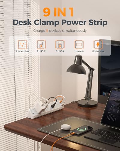Desk Clamp Power Strip 10 Ft, TESSAN 2100J Surge Protector Desk Charging Station, 5 Outlets with 4 USB Ports (2 USB C), Flat Plug Extension Cord with Multiple Outlets for Home Office Dorm Room