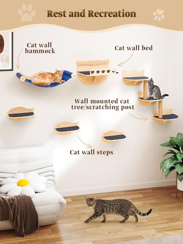 Cat Wall Shelves Furniture Set Cat Shelves for Wall for Large Adult Cats Kittens Wall-Mounted Cat Wall Steps Shelf Perches Climber with Hammock Perches Sisal Scratching Post
