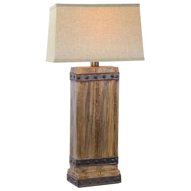 30 in. Bein Square Shade Block Base Hydrocal Table Lamp, Oak Brown Base