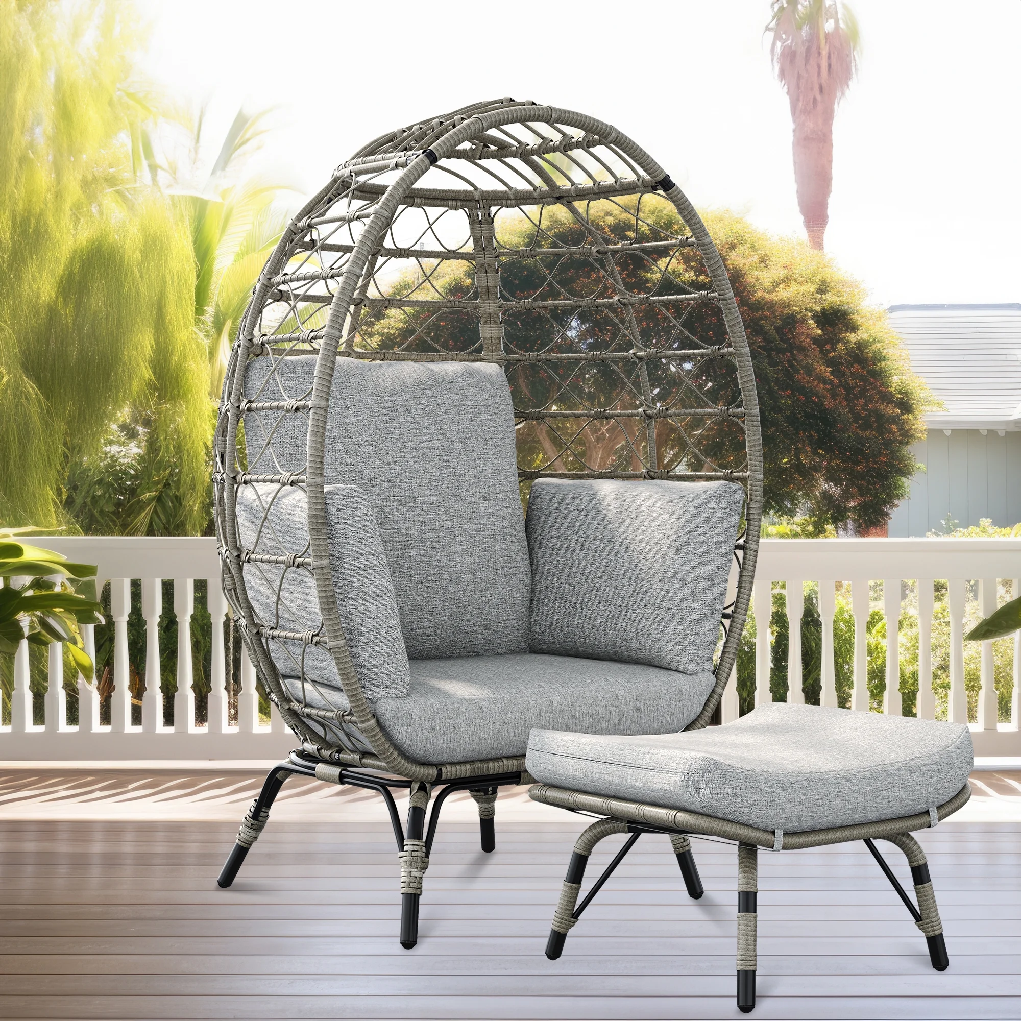 Dextrus Egg Chair with Stand Outdoor Egg Lounge Chair with Cushion Wicker Chair PE Rattan Chair Ottoman Included for Patio, Garden, Backyard, Porch, Gray
