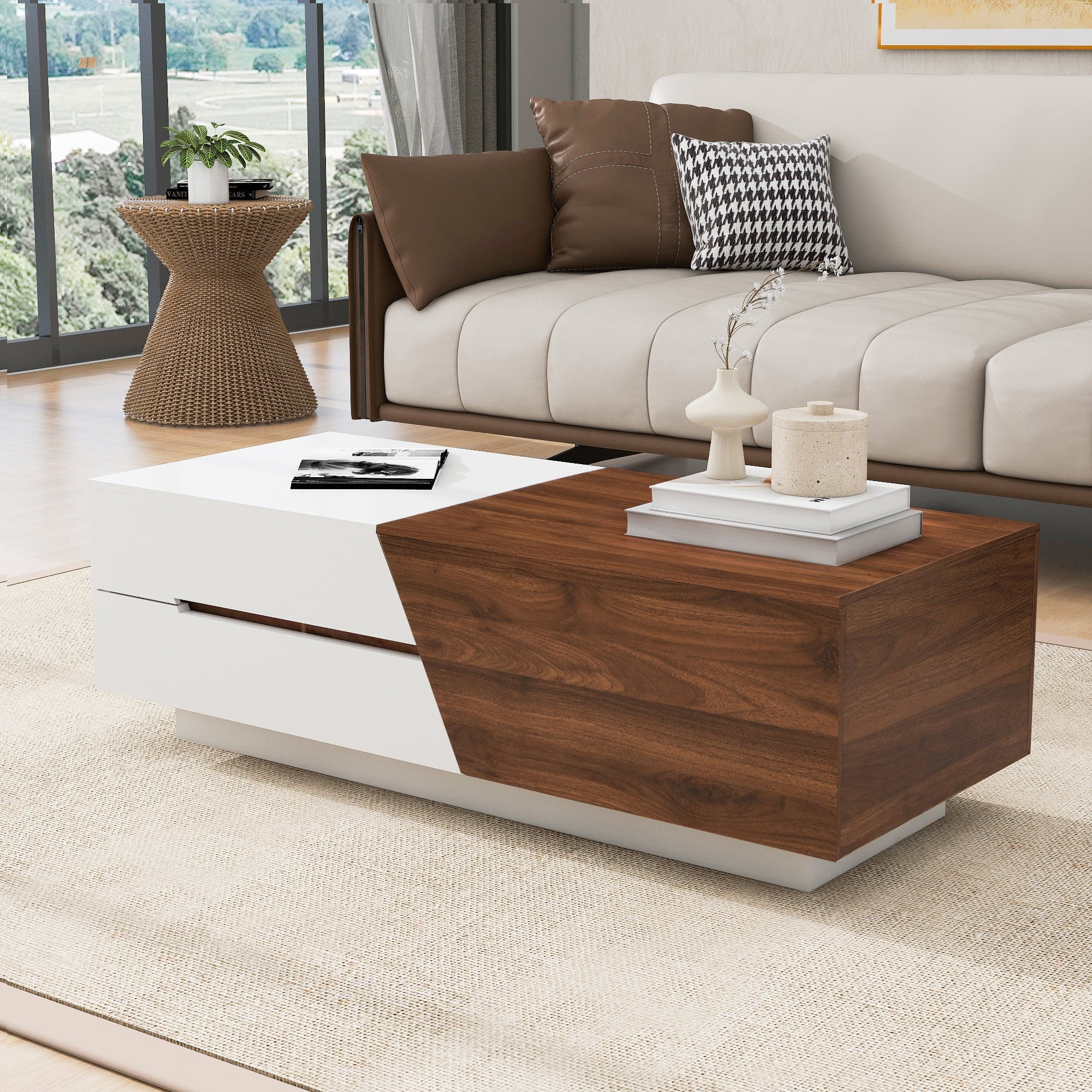Churanty Extendable Coffee Table with Sliding Top Cocktail Table with Storage Drawers Modern Center Table for Living Room Small Space,Walnut