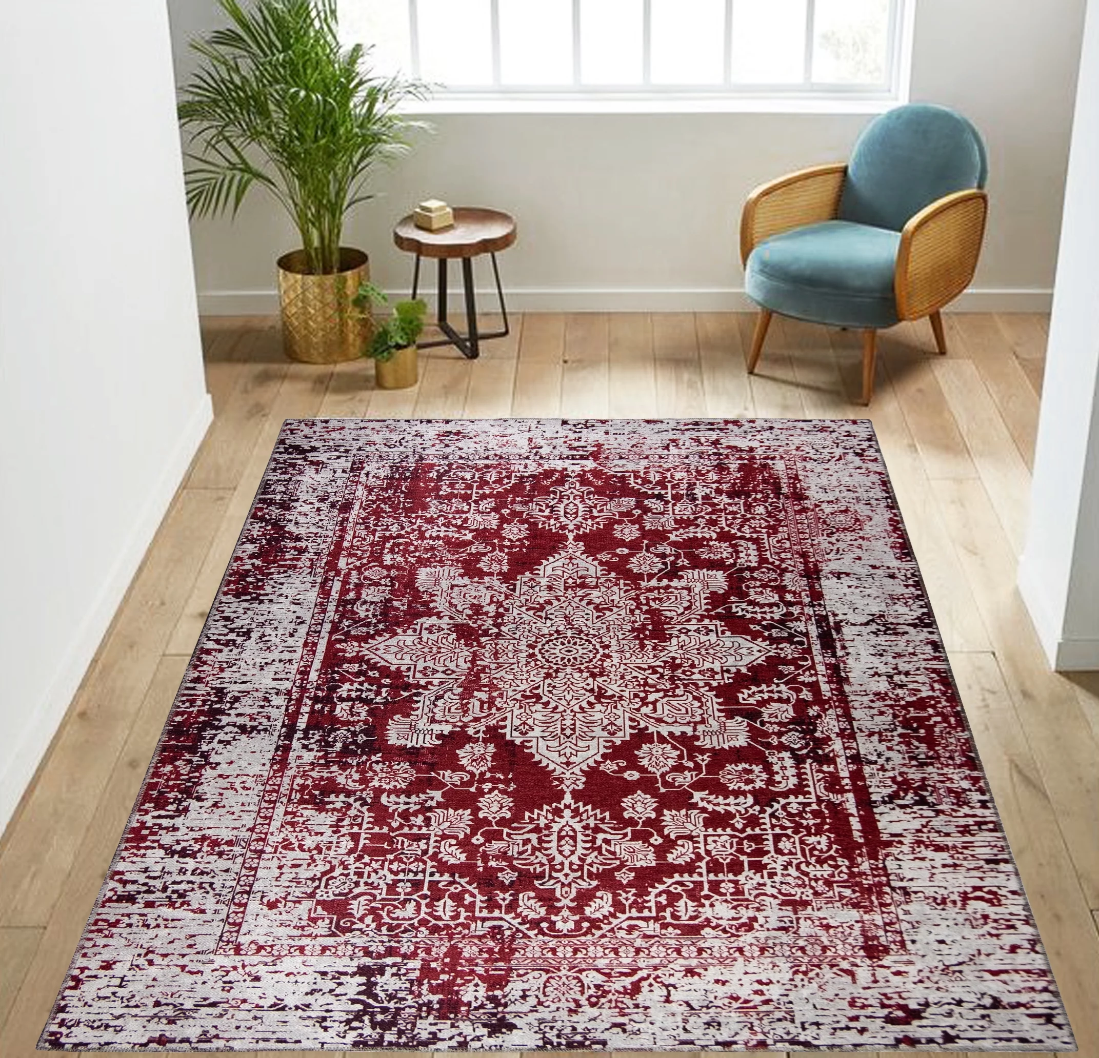 Gloria - Washable Area Rug Low Profile Persian Washable Runners Anti Slip Backing Rugs for Living Room Light Weight Foldable Carpet