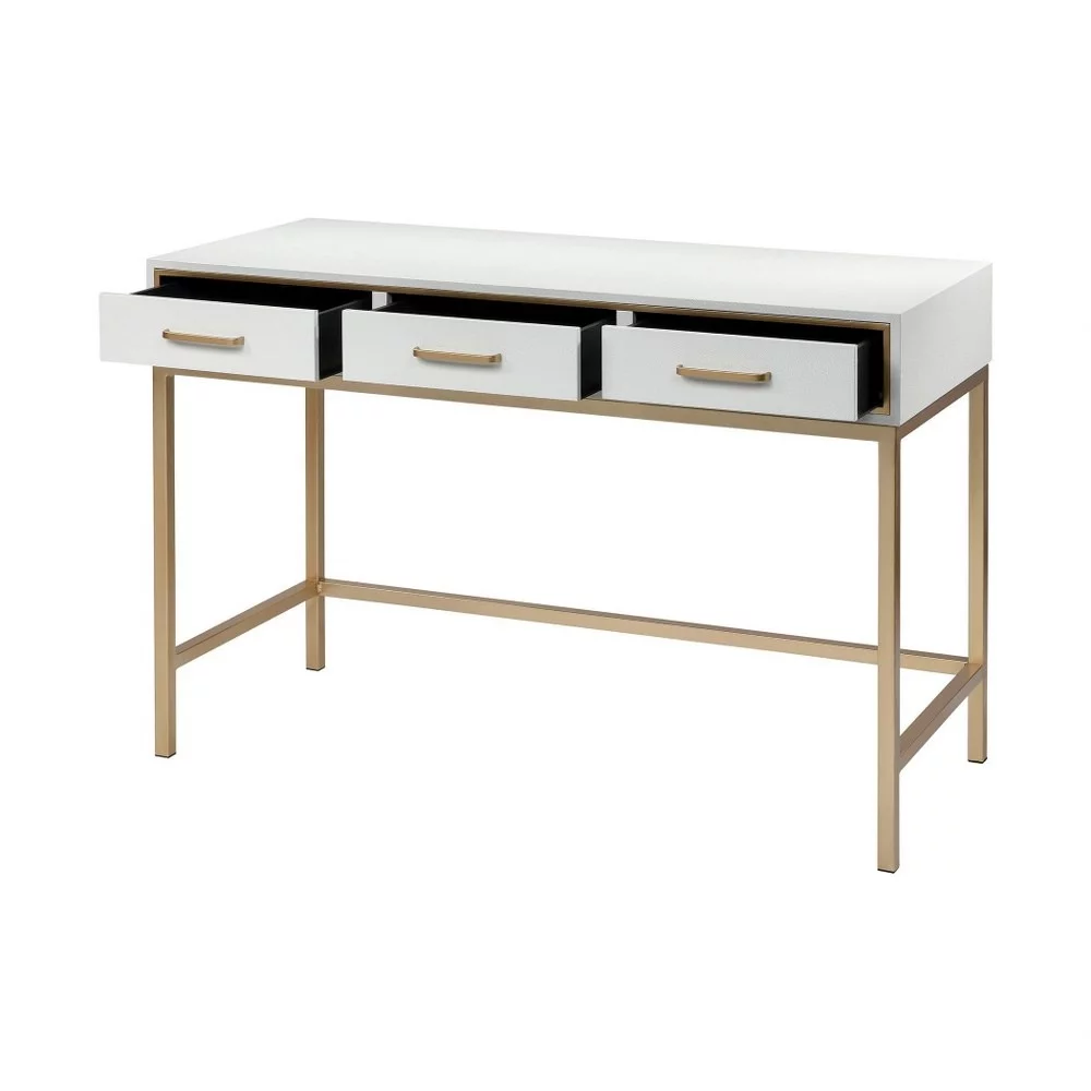 3-Drawer Art Deco Faux Shagreen Desk in Grey and Brushed Gold Frame and Handles with Golden Legs 47.25 inches W and 32 inches H-Grey Finish Bailey
