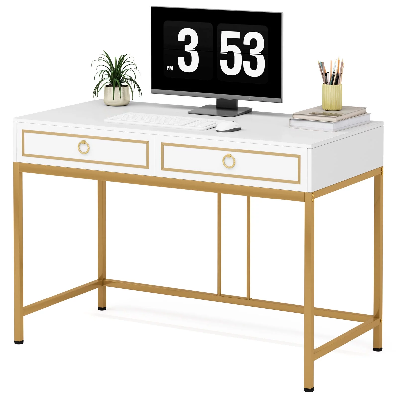 Tribesigns Computer Desk with 2 Drawers, 43” Modern Writing Study Desk Vanity Console Table for Home Office, White and Gold