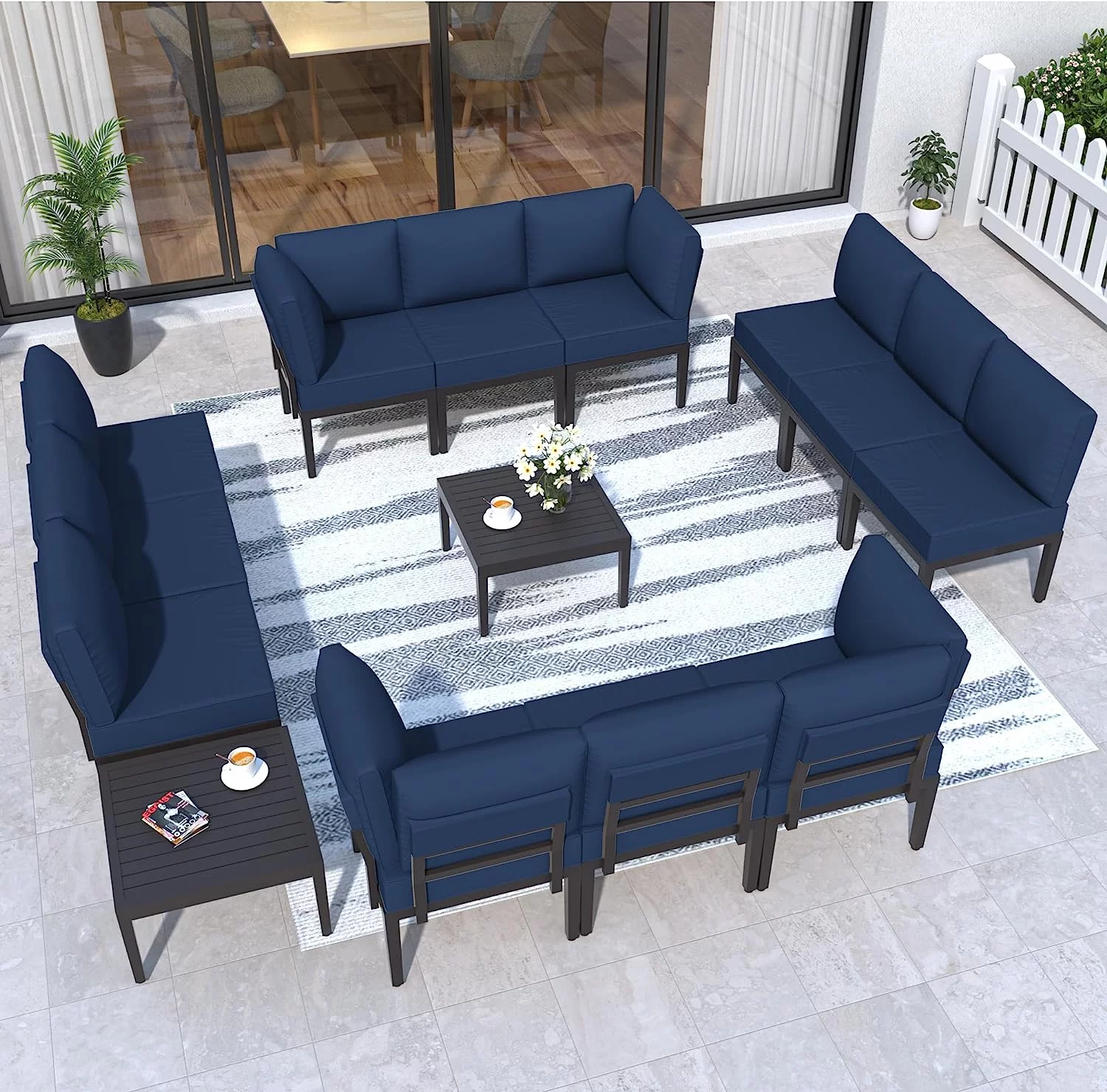 Kullavik Aluminum Patio Furniture Set,14 Pieces Modern Outdoor Conversation Set, Outdoor Metal Sectional Sofa with Thick Cushion and Coffee Table,Navy Blue
