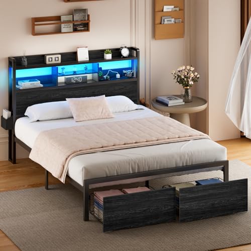 Furnulem Full Size Bed Frame with Wood Headboard, Metal Platform Bed Frame Full Size with Storage Drawers and Shelf, LED Lights and Charging Station, No Box Spring Needed, Noise Free, Black