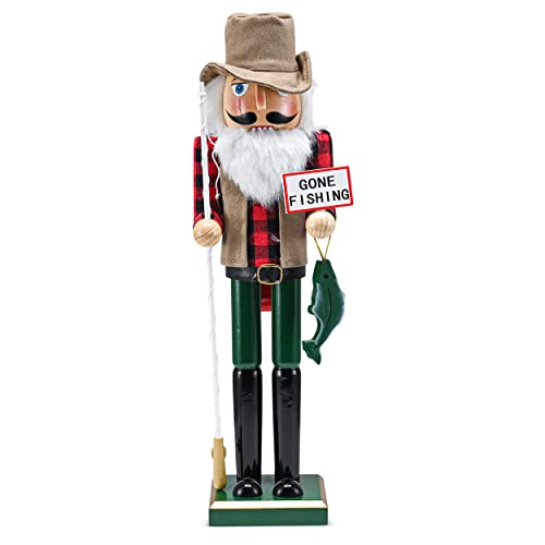 Ornativity Christmas Fisher Man Nutcracker – Red and Green Wooden Fisherman Nutcracker Man with Fishing Rod and Fish in Hand Xmas Themed Holiday Nut Cracker Doll Figure Decorations 15