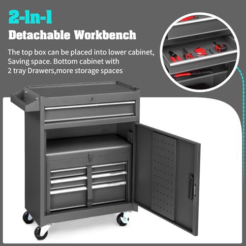 Winado 4-Drawer Rolling Tool Chest with Wheels & Lock, Tool Box with Large Storage Cabinet and Adjustable Shelf, Removable Portable Top Box for Garage, Warehouse, Factory