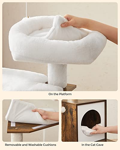 Feandrea Cat Tree with Litter Box Enclosure, 2-in-1 Modern Cat Tower, 55.1-Inch Cat Condo with Scratching Posts, Removable Pompom Sticks, Rustic Brown UPCT113X01