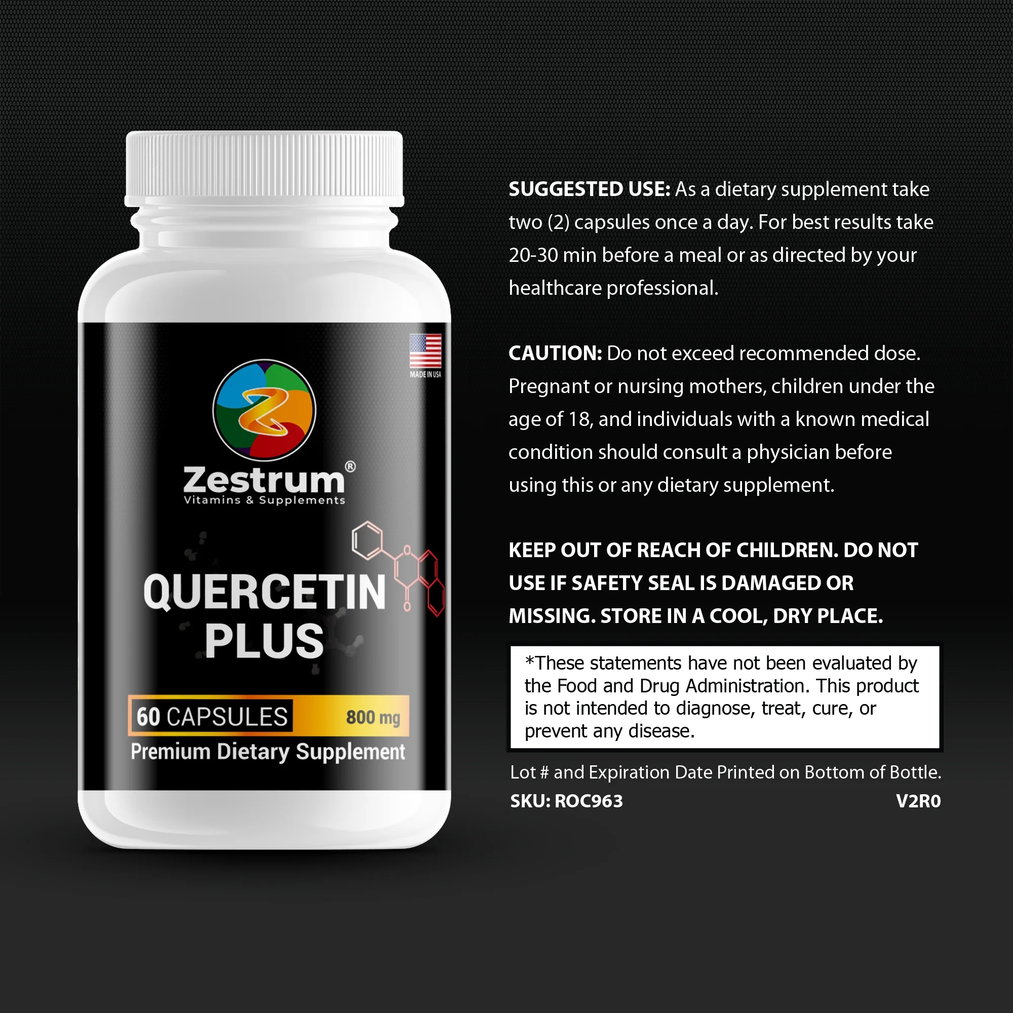 ZESTRUM Zinc Quercetin Plus With Bromelain Supplements - 60 Vegetarian Capsules 800 mg