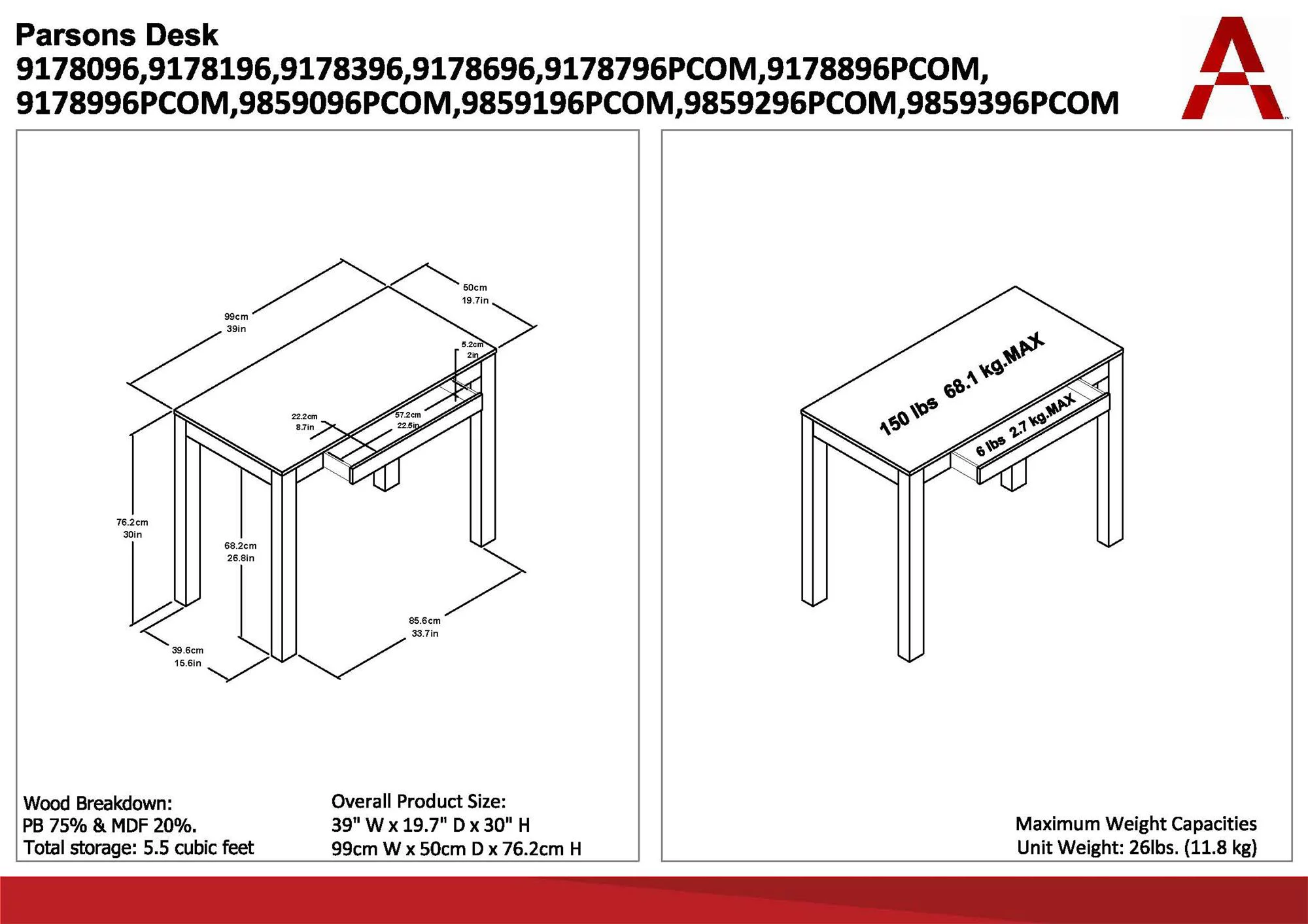 Ameriwood Home Parsons Computer Desk with Drawer, Chevron
