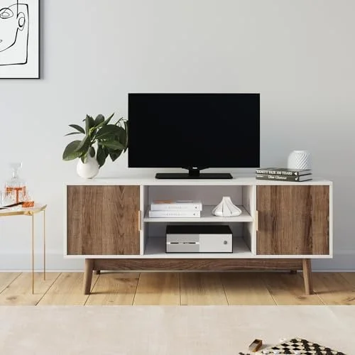 KHBIULIFE Dylan Media Console Cabinet or TV Stand with Doors for Hidden  in  Natural Reclaimed Herringbone Wood Pattern and Metal  Oak/Matte Black