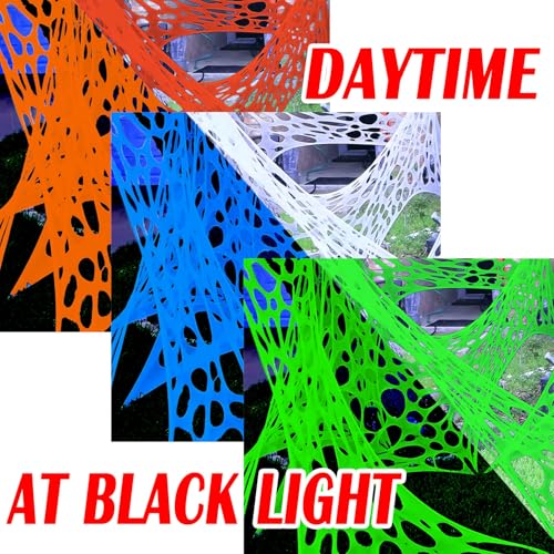 1400 Sqft Glow 3 Color Giant Durable Spider Webs Halloween Decorations Outdoor, Stretchy Beef Netting for Halloween Party Set, with 3 Blacklight (White, Green, Orange,48FT x 4FT)