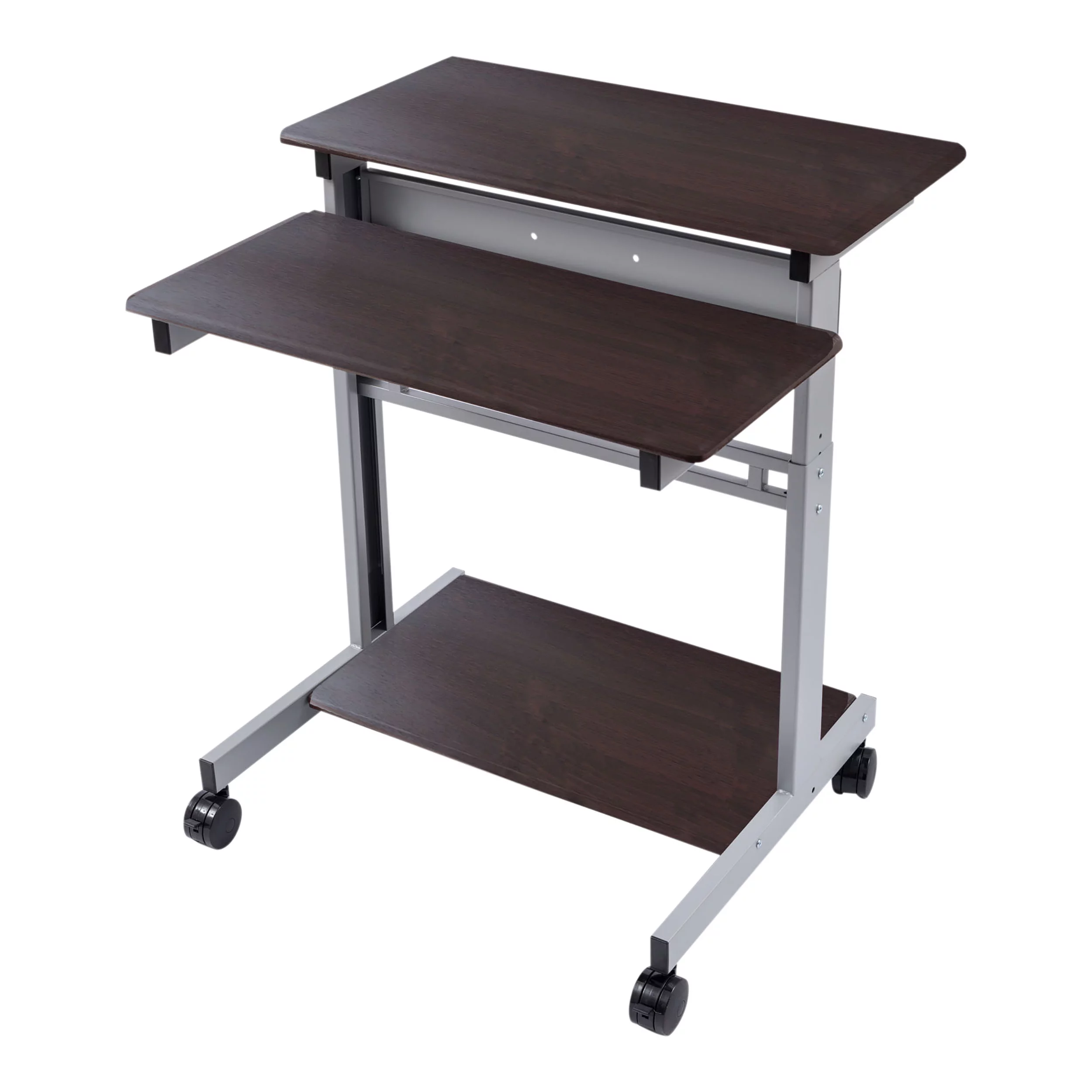 Stand Up Desk Store Rolling Adjustable Height Two Tier Standing Desk Computer Workstation (Silver Frame and Dark Walnut Top, 32
