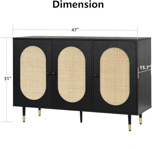 Black Rattan Buffet Cabinet, Rattan 3 Doors Buffet Cabinet with Storage, 47'' Sideboard with Adjustable Shelf for Kitchen, Dining Living Room