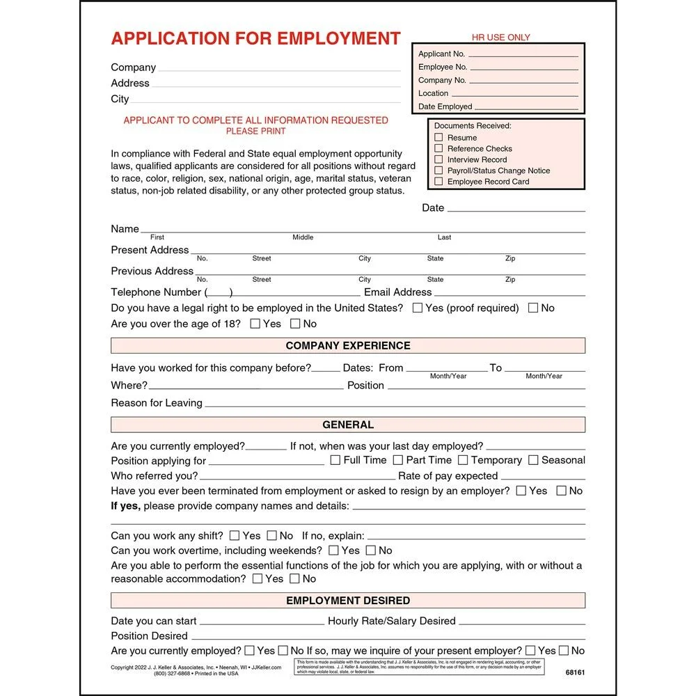 Application for Employment Form, 8.5 x 11 , 25 Pack