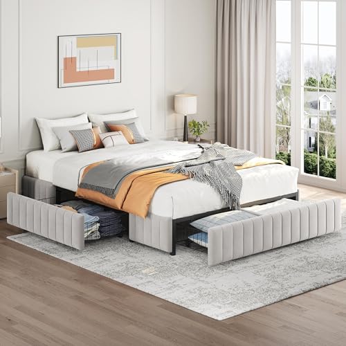 Yaheetech Queen Bed Frame Upholstered Platform Bed with 3 Storage Drawers, Large Storage Space/Strong Wooden Slats/Non-Slip and Noise-Free/No Fixed Headboard/No Box Spring Needed/Beige Queen Bed