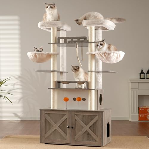Heybly Cat Tree for Maine Coon with Litter Box Enclosure, 72-inch Wooden Cat Tower for Indoor Cats Large Adult, Big Condo with Food Station, Baskets, Furniture with All-sisal Scratching Post HCT112WB