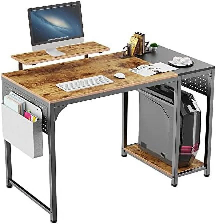 KHBIULIFE 55 Inch Home Office Computer Desk with Monitor Stand  Shelves  Study Writing Moder PC Computer Gaming Desk Large Workstation with 2 Hooks &  Bag  Reclaimed Wood/Black