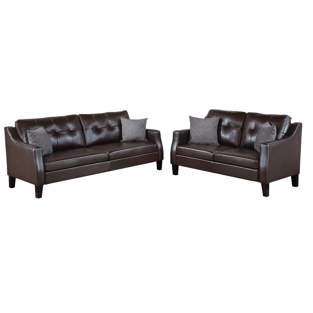 Hera 2 Piece Sofa and Loveseat Set 4 Pillows Classic Brown Faux Leather- Saltoro Sherpi