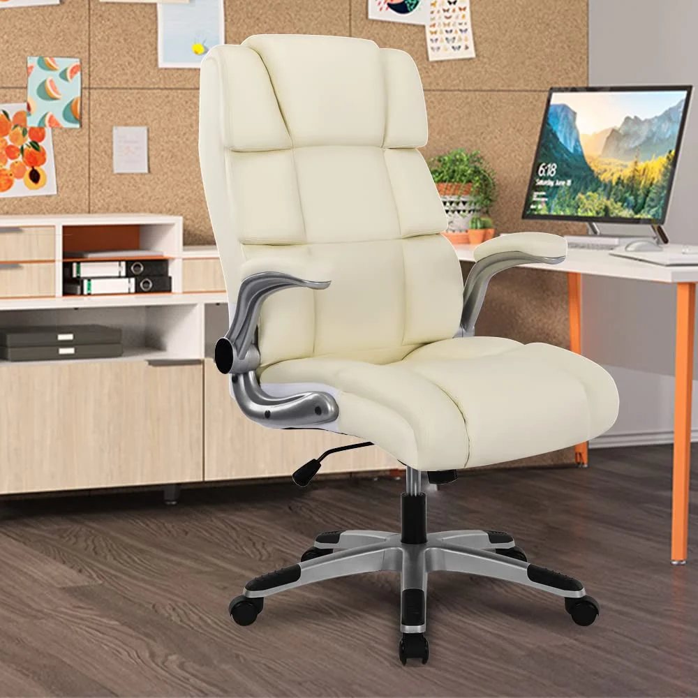 JONPONY Ergonomic Office Chair with Flip-up Armrests, Comfortable PU Leather Home Office Desk Chair Managerial Executive Chairs with Wheels & Memory Foam Back Support (Normal(400lbs)),White