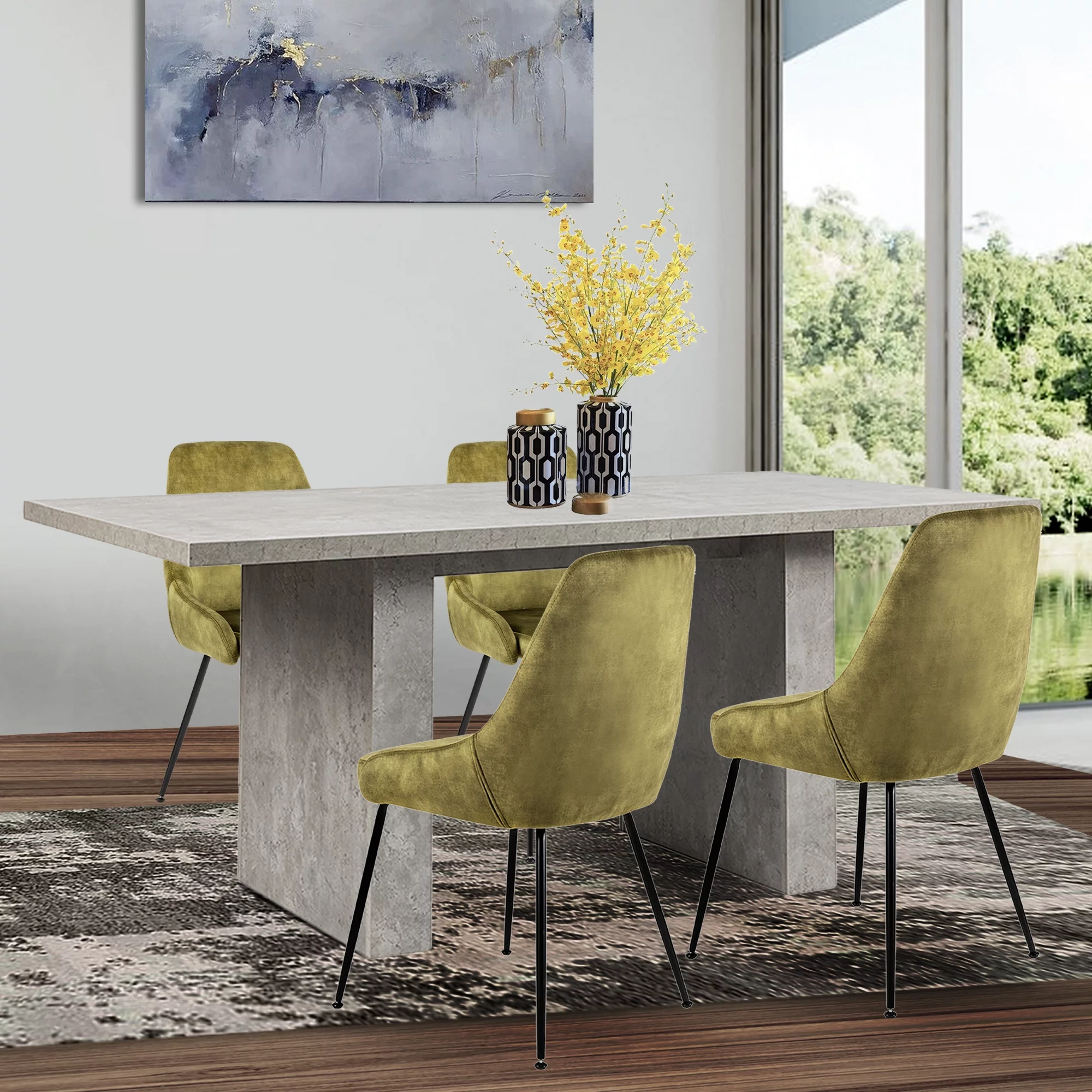 Leejay 5 Piece Kitchen Table Set,Cement Rectangle Dining Table and Green Velvet Dining Chairs