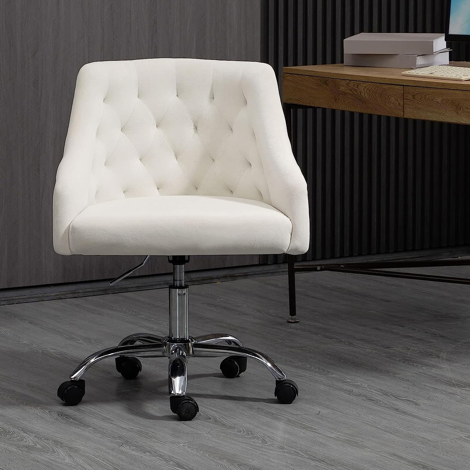 MOJAY Modern Velvet Office Chair with Swivel Function and Adjustable Height, White