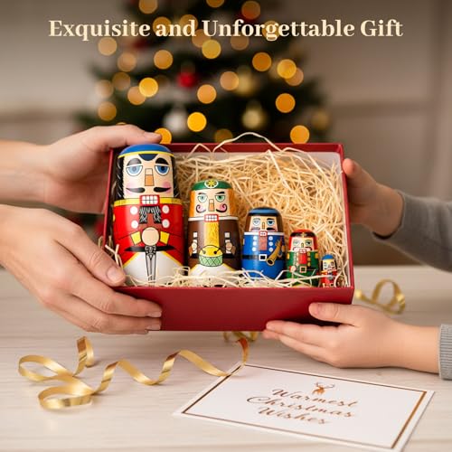 AMOR PRESENT Nutcracker Nesting Dolls, 5pcs Russian Matryoshka Dolls Christmas Nutcracker Figures Handmade Wooden Set