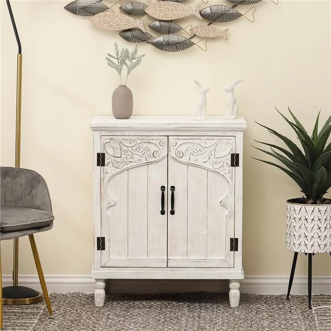 LuxenHome Farmhouse White Wood 2-Door Accent Storage Cabinet