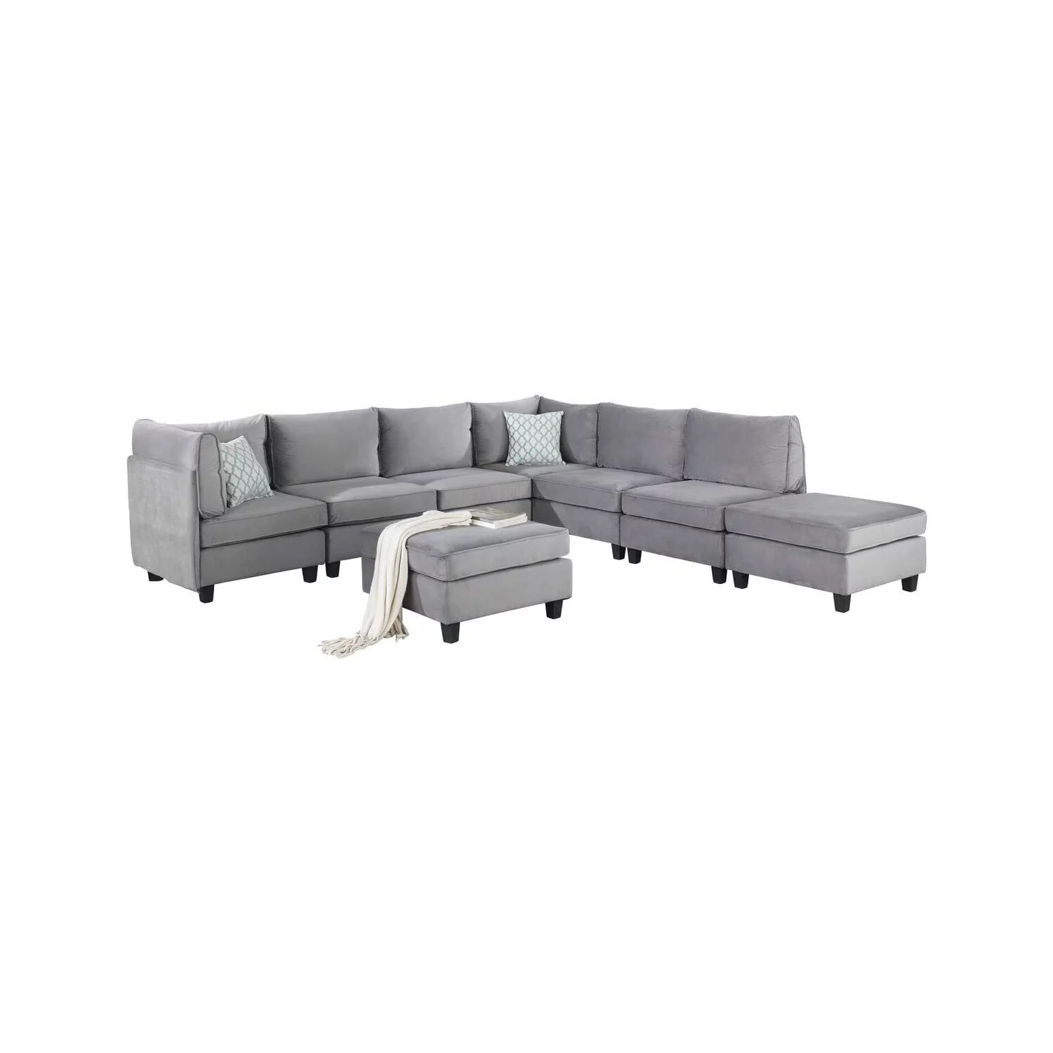 Homestock Baroque Brilliance Gray Velvet 8Pc Modular Sectional Sofa