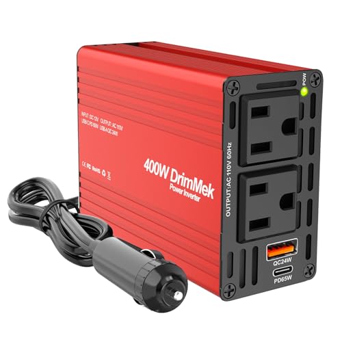 400W Car Power Inverter - Dual DC 12V to 110V AC Car Plug Adapter Outlets, Fast Charging USB C 65W & 24W Port, Power Inverters for Vehicles, Laptop Car Charger, Road Trips
