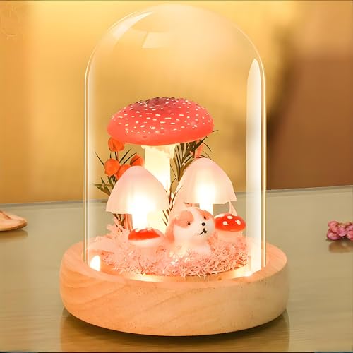 QUELIEN Mushroom Night Light in Glass Dome - Warm White LED Mushroom Lamp for Home Decor, Unique Housewarming Gifts for Women Mom, Bedroom Office Desk Decor（Red）