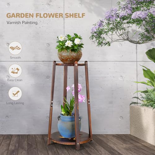 2 Tier Round Bamboo Plant Stands Shelves Indoor 12 Inch,Corner Flower Pot Stands Shelf, Wooden Tall Plant Pedestal Holder Rack for Succulent Catus Display in Living Room Patio Balcony Outdoor