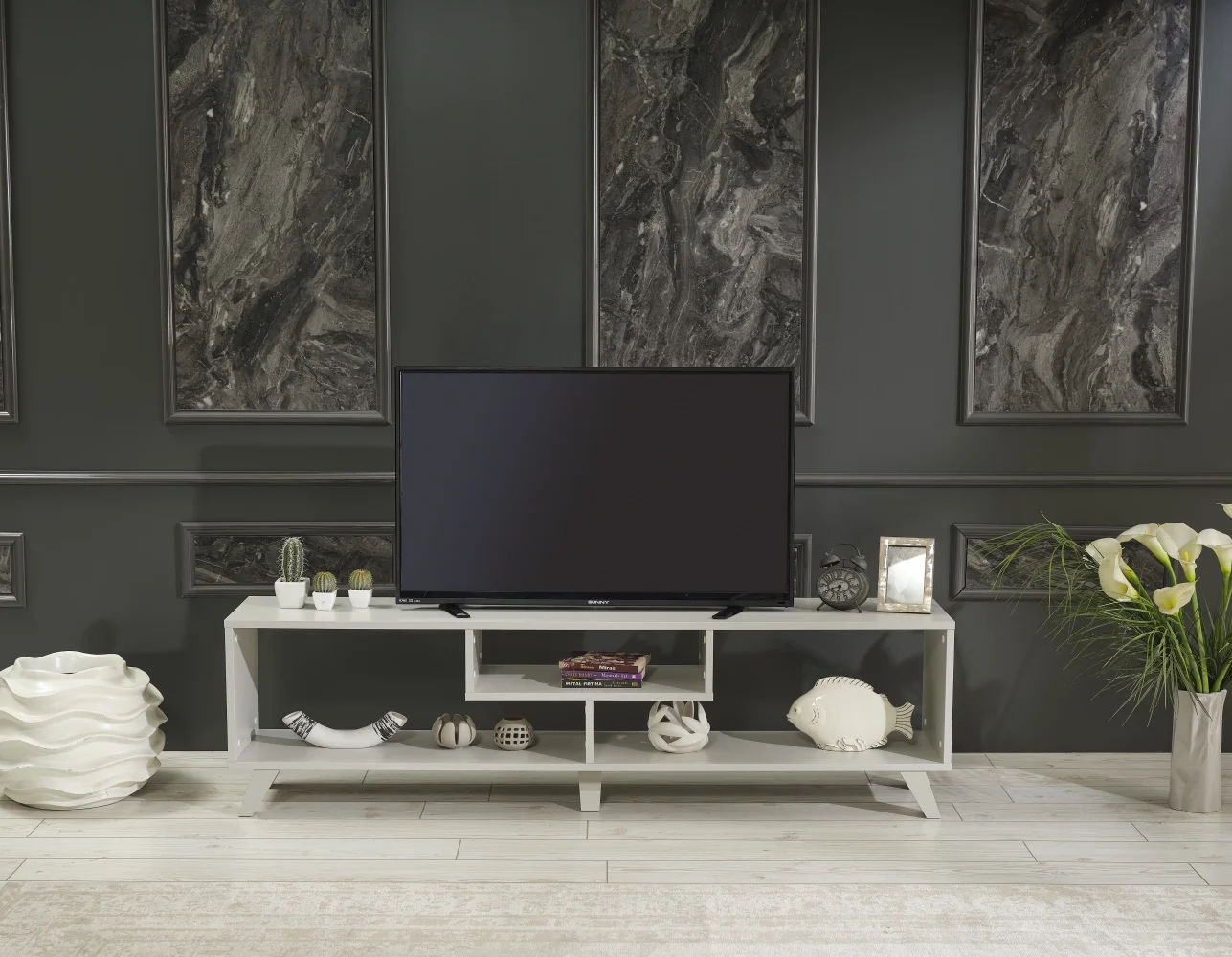 FurnisHome Store Parma Mid Century Modern Tv Stand Open Shelving Entertainment Centre 67 inch Tv Unit, Grey