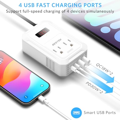 BESTEK 200W Car Power Inverter - DC 12V to 110V AC Converter with 2 USB-C(30W) and 2 USB-QC(18W) - Fast Car Charger Adapter with LCD Screen, Dual AC Adapter for Laptops