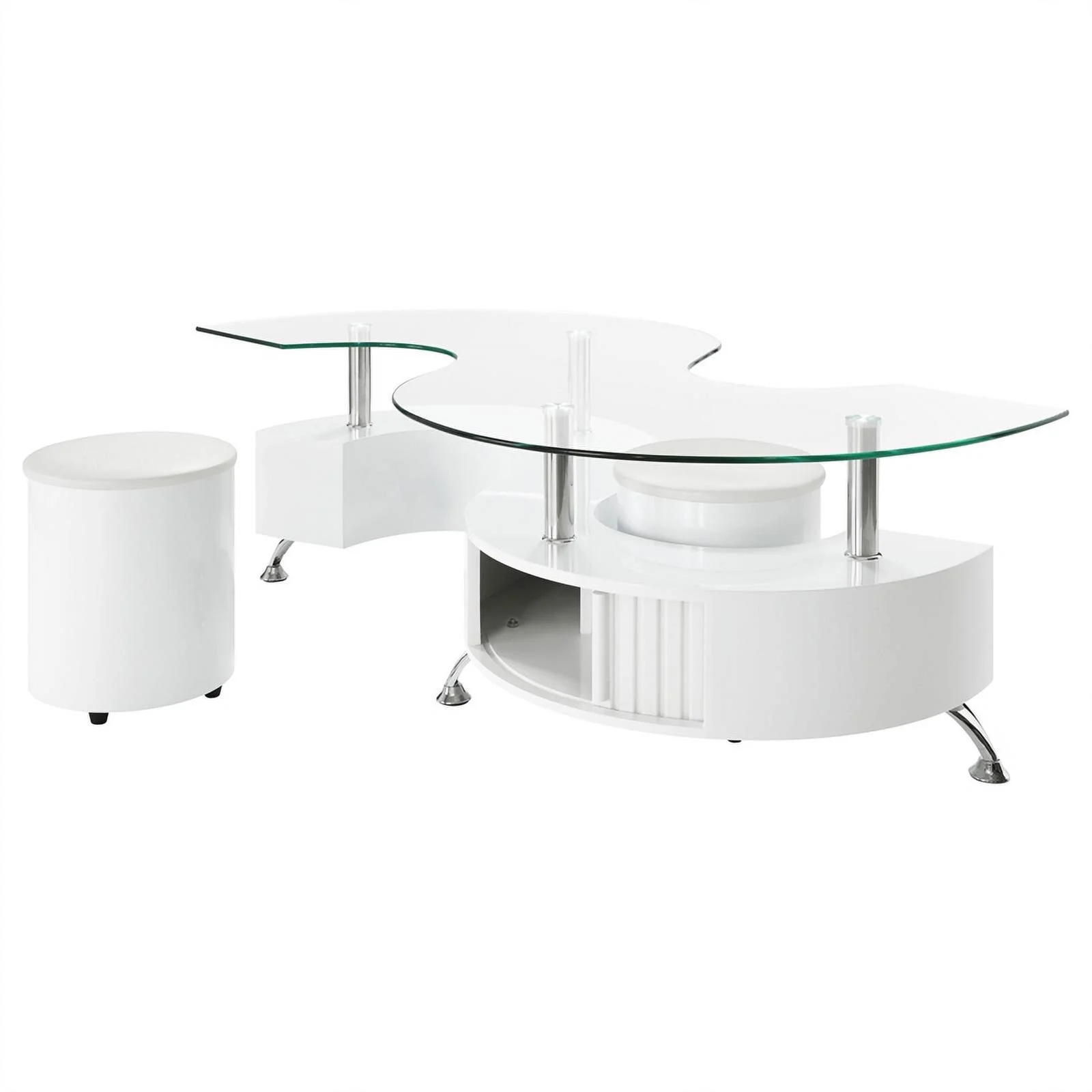 Pemberly Row Wood Curved Glass Top Coffee Table With Stools in White