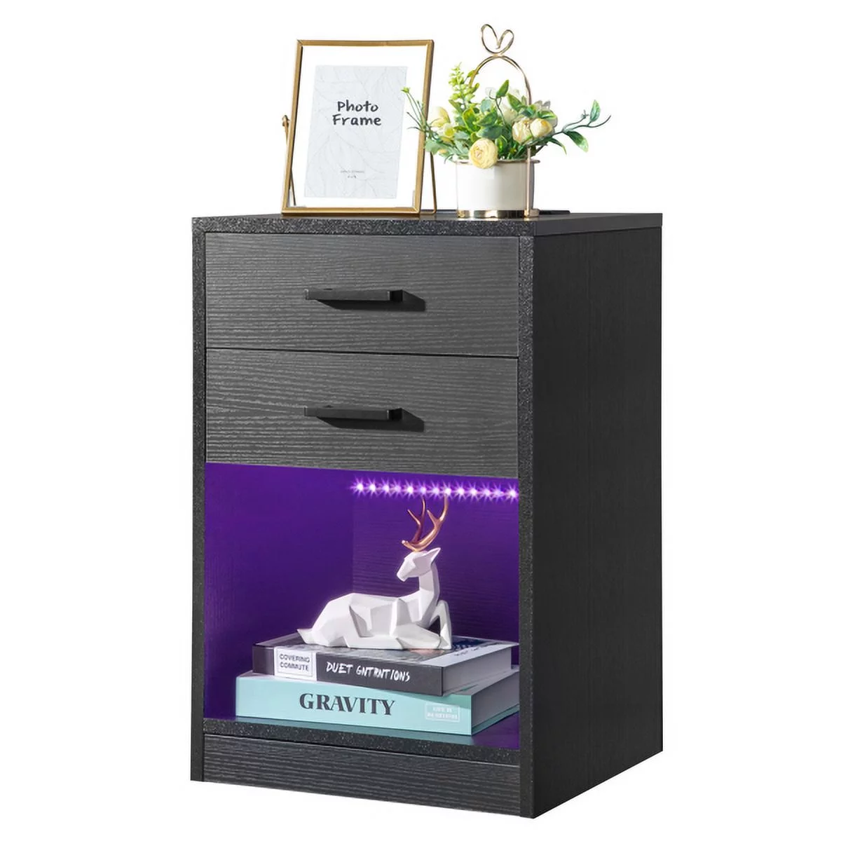 SYTHERS Black Nightstand with Charging Station & Wireless Charging, LED Bedside Table with 2 Storage Drawers End Table Coffee Table for Bedroom Living Room