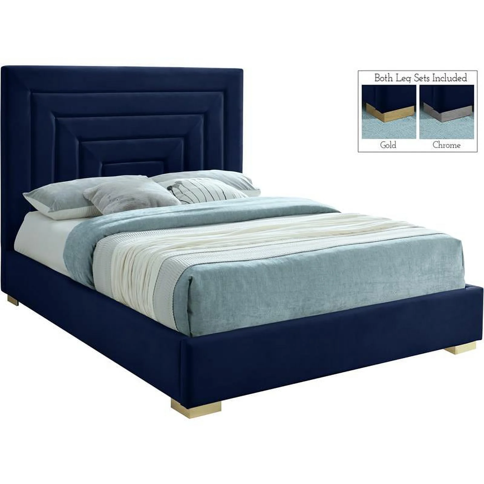 Meridian Furniture Nora Navy Velvet King Bed with Gold/Chrome Legs Included