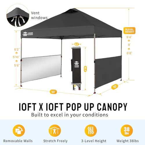 CROWN SHADES 10x10 Pop up Canopy Tent Instant Canopy with 150D Silver Coated Fabric Including 2 Half Sidewalls, 4 Ropes, 8 Stakes, 4 Weight Bags, STO 'N Go Bag, Grid Grey