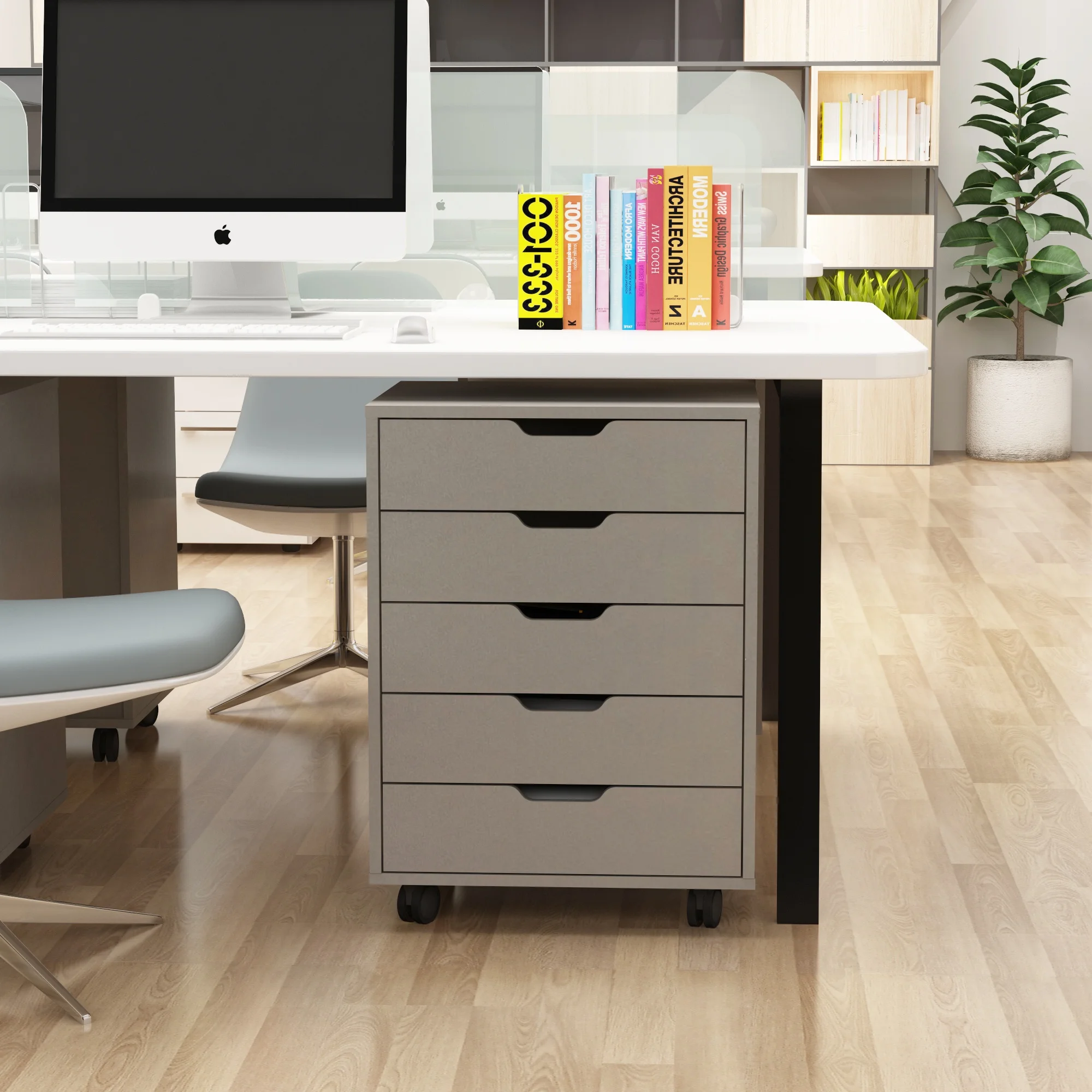 The filing cabinet has five drawers, a small rolling filing cabinet, a printer rack, an office locker, and an office pulley movable filing cabinet&nbsp; white Gray