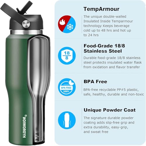 HYDROWION 32oz Water Bottle, Double Wall Vacuum Stainless Steel Insulated Water Flask with Straw Lid, Spout Lid and Flex Cap(Cold for 48 Hrs, Hot for 24 Hrs), Leakproof Travel Thermo Mug, Black&Grey