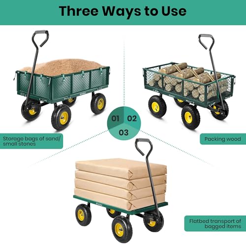 GVDV 660LB Garden Cart with Liner, Heavy Duty Steel Garden Wagon, Folding Utility Wagon with Removable Sides and 10