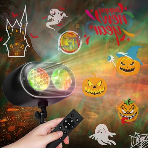 Halloween Projector, 2025 Upgrade 2-in-1 Halloween & Christmas Projector Lights Outdoor with 19 HD 3D Ocean Wave Effects, Remote Control, Timer, No Slide Design for Holiday Night Decoration