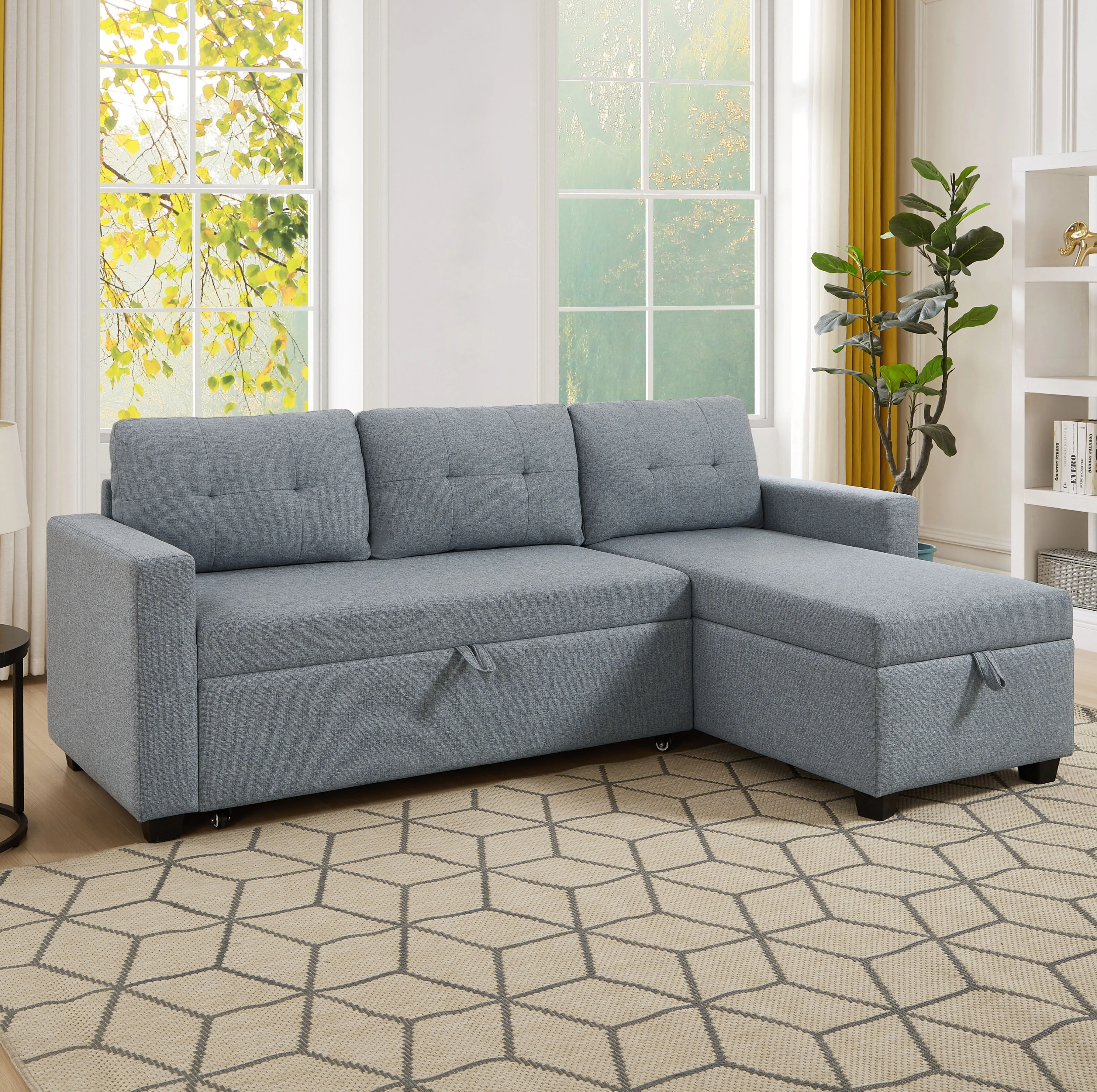 Modern Upholstered Sectional Sofa with Reversible Storage Chaise Impressive L-Shaped Twin Bed & 3 Back Cushions Linen Brown Large Convertible Corner