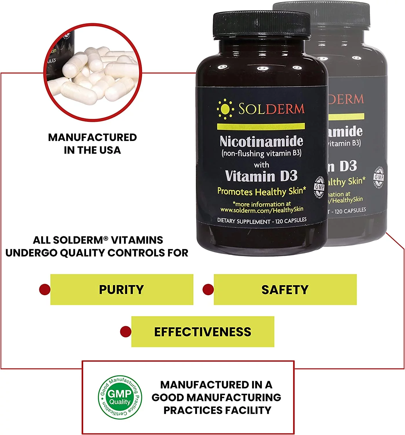 Solderm Nicotinamide with Vitamin D3 & Non-Flushing B3 | 500 Mg, 2000 IU | Vegetarian, Gluten-Free 120 Capsules | Promotes Healthy Skin